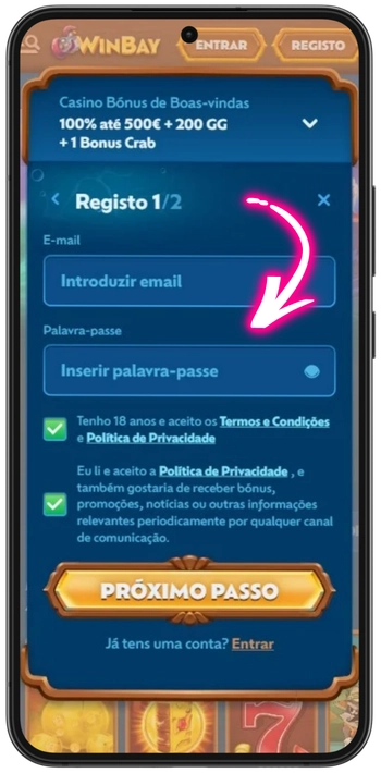 Primeiro passo do registo Winbay